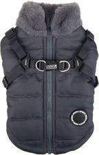 Puppia Donavan Winter Dog Coat with Integrated Harness No Pull Cold Weather Waterproof Warm Fleece Back Zipper for Small & Medium Dog, Grey, XX-Large