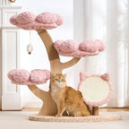 Aesthetic Flower Cat Tree Tower with Scratching Post for Indoor Cats, 37" Modern Cat Tree with Wood Sculpted Branch, Flower Cat Beds, Scratching Board & Interactive Squeaky Toy, Sakura Pink
