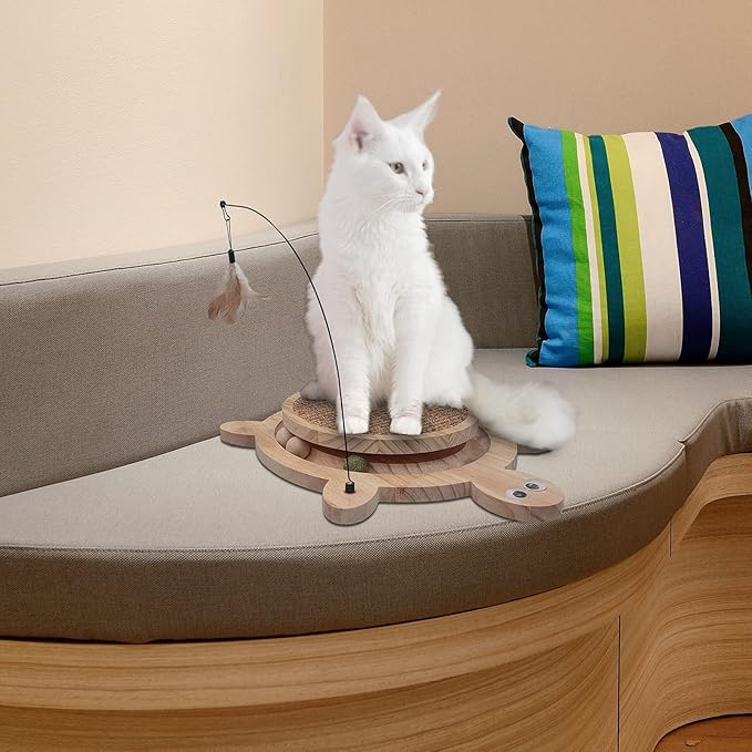 Petest Wooden Interactive Cat Toy with Ball Track & Teaser Wand – Solid Pine Wood Cat Scratcher with Natural Sisal Rope, Replaceable Toys, Turtle Design