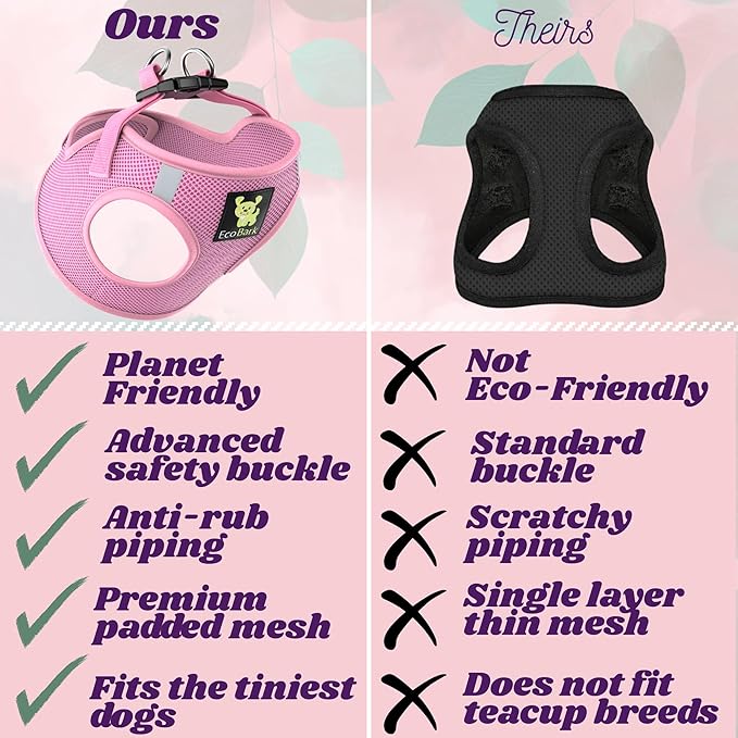 EcoBark Premium Quality Dog Harness - Teacup Dog Harnesses - Step in Halter Vest - Eco-Friendly Luxury Soft Mesh Halter - No Pull Mini Chest Body Collar - for Puppy & Toy Breeds (XXS, Baby Pink)