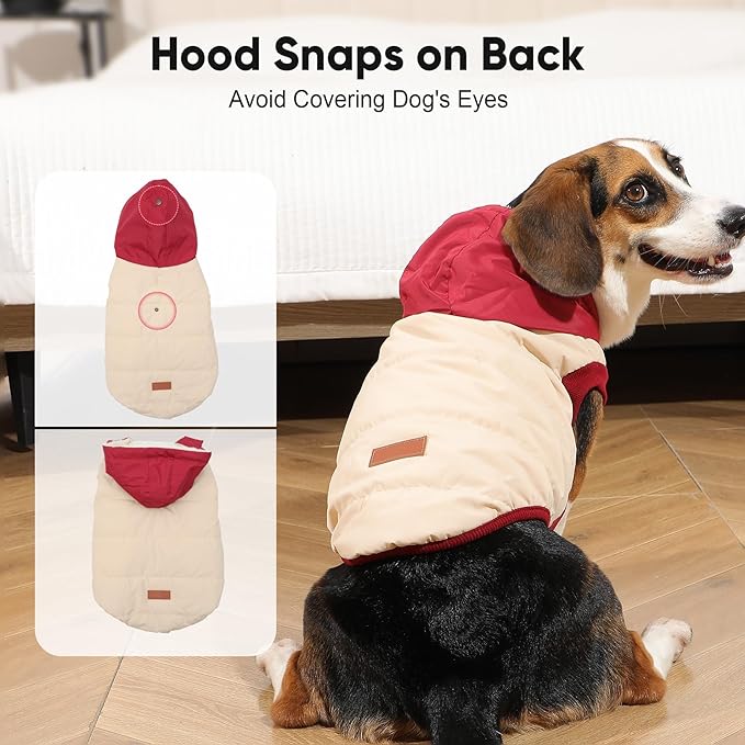 Fleece Lining Extra Warm Dog Hoodie in Winter for Large Dogs Jacket Pet Coats with Hooded,Beige and Red XL