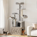 Cat Tree with Litter Box Enclosure Large,Tall Multilevel Cat Play House with Modern Cat Condo,Spacious Hammock, Cozy Top Perch,Sisal Posts and Dangling Balls,Wooden Cat Furniture for Indoor Cats Grey