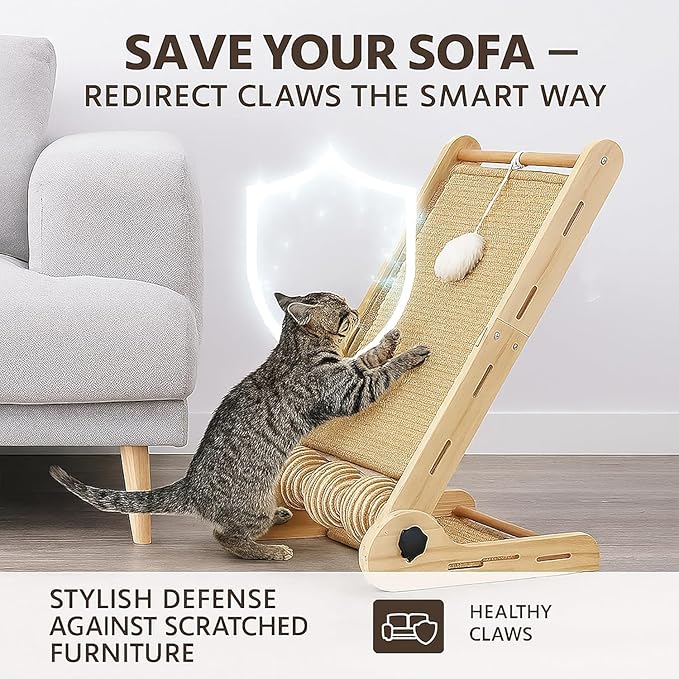 32" Sisal L Shaped Cat Scratch Pad with Ball Toy, Wooden Cat Scratching Post for Indoor Cats, 180° Angles Cat Scratcher for Indoor Cats, Durable Modern Cat Scratching Boards