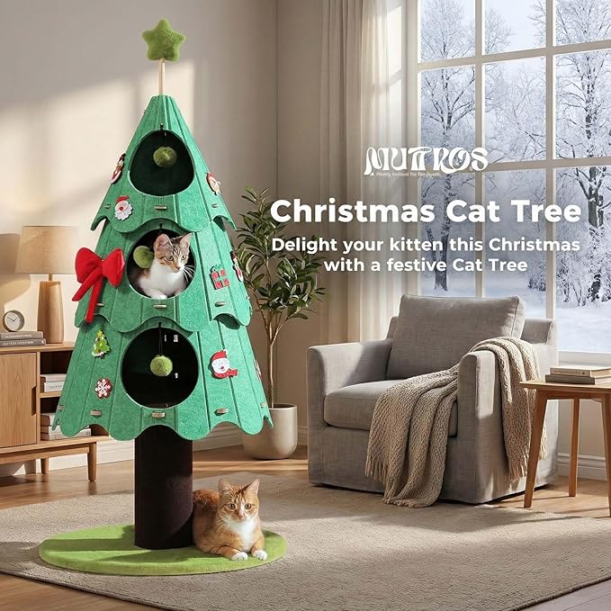 53 Inch Christmas Cat Tree for Indoor Cats, Cat Tower with 3 Condos & 4 Pompoms, Multi-Cat Furniture with Holiday Felt Stickers, Activity Center & Beds, Green