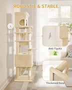 70.1 Inch Cat Tree for Indoor Cats, Multi-Layer Scratching Post with Large Platform, 2 Caves, 7 Sisal Posts, Pompoms, Cat Basket, Hammock, Suitable for Cats, Beige MS17818YL