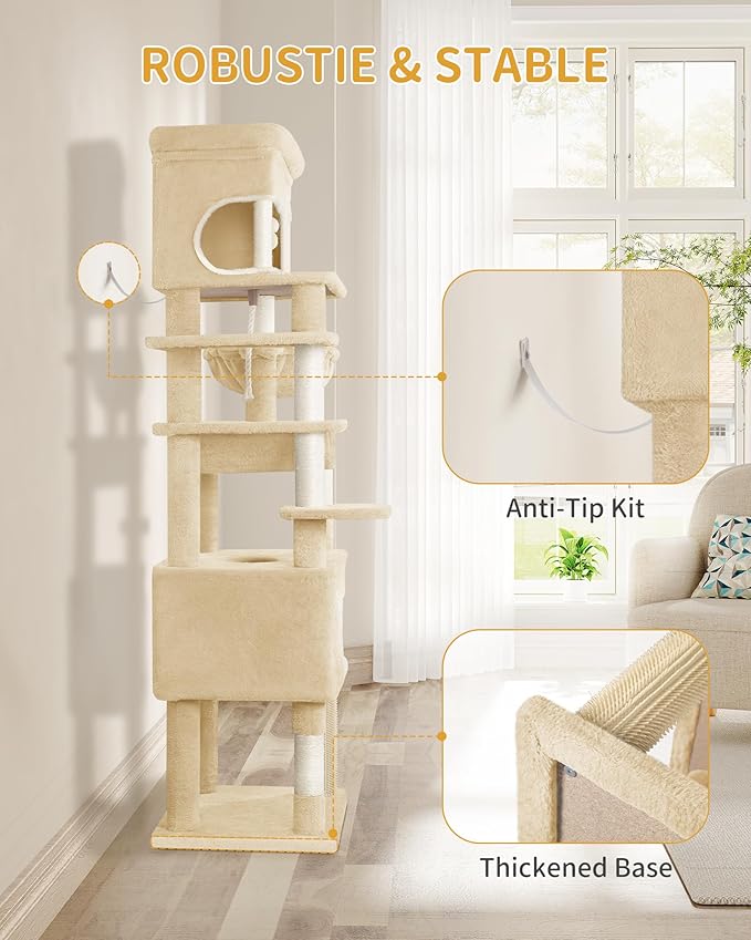 70.1 Inch Cat Tree for Indoor Cats, Multi-Layer Scratching Post with Large Platform, 2 Caves, 7 Sisal Posts, Pompoms, Cat Basket, Hammock, Suitable for Cats, Beige MS17818YL