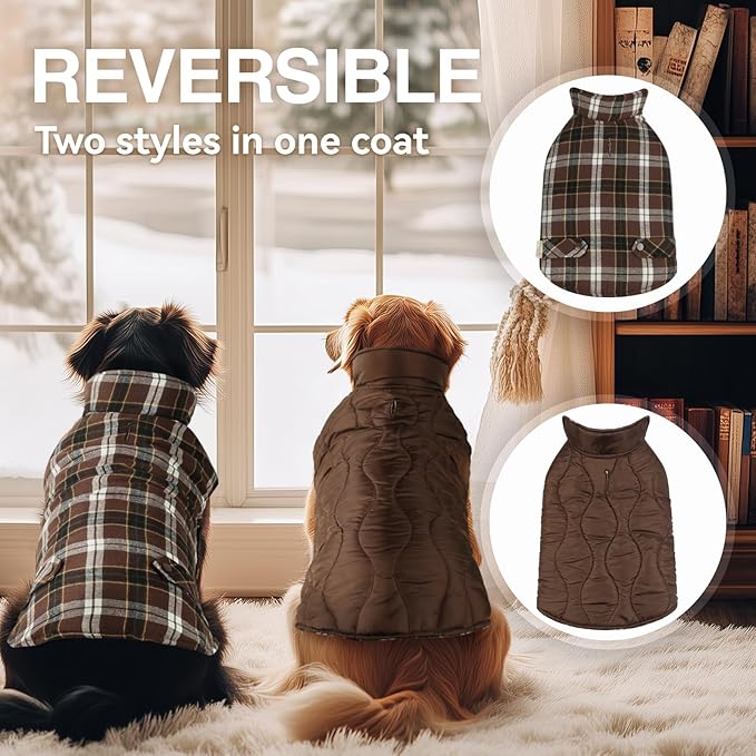 VIVAGLORY Softjoy Dog Coat, Dog Jacket for Winter & Christmas, Coat with Harness Hole, Reversible Plaid Checkered Warm Fluffy Heavy Duty for Puppy, S, Coffee