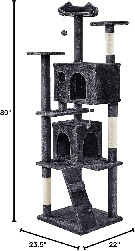 Topeakmart Cat Tree, 80-Inch Cat Tower for Indoor Cats, Cat Condo with Scratching Posts, Padded Perches and Ladder, Cat Stand House Furniture, Black