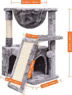 SYANDLVY Cat Tree for Indoor Cats Large Adult, Modern Activity Tower with Scratching Posts & Board, Condo with Plush Perch, Climbing Stand with Cradle & Hanging Ball for Play, Light Grey