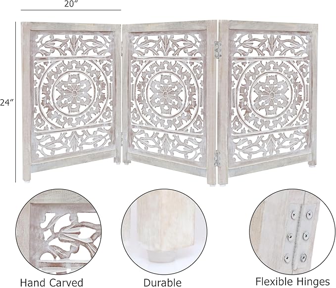 Wooden Foldable Pet Dog Safety Gate - 3 Panel 20" W x 24" H - Hand Carved Suzani Free Standing Portable Indoor Puppy Gate - Doorway Hall Stairs Dog Fence - Assembled - White Wash - IRONGATE
