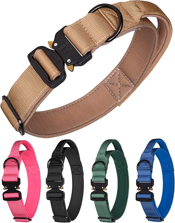 Tactical Dog Collar for Medium Large Dogs, Heavy Duty Dog Collars with Handle, Metal Buckle Dog Training Collar, Thick Large Military Dog Collar for Male. (L, Khaki)