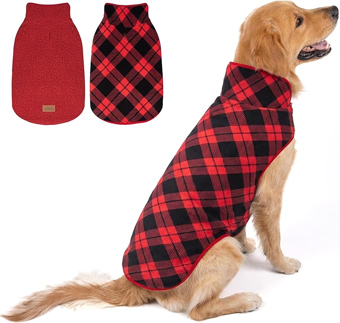 cyeollo 3XL Dog Coat, Fleece Sherpa Winter Sweater Coats, Turtleneck Dog Jacket Vest for Large Dogs with Leash Hole, Soft Reversible Pet Coats for Cold Weather, Buffalo Plaid XXXL