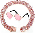 Xuniea 2 Pieces Cat Dog Chain Collar and Sunglasses Set Rhinestone Necklace with Secure Buckle Round Glasses for Doll Cat Dog Pet Accessories(10 Inch,Rose Gold, Pink)