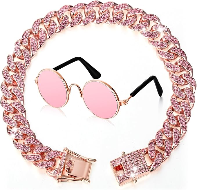 Xuniea 2 Pieces Cat Dog Chain Collar and Sunglasses Set Rhinestone Necklace with Secure Buckle Round Glasses for Doll Cat Dog Pet Accessories(12 Inch,Rose Gold, Pink)