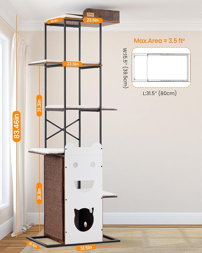 Wood Cat Tree Tower, 84 Inch Modern Extra Tall Cat Condo Trees for Indoor Cats Large Adult, XL Multi-Level Heavy Duty Wooden Sturdy Cat House Furniture with Platform Perch Bed Scratching Post