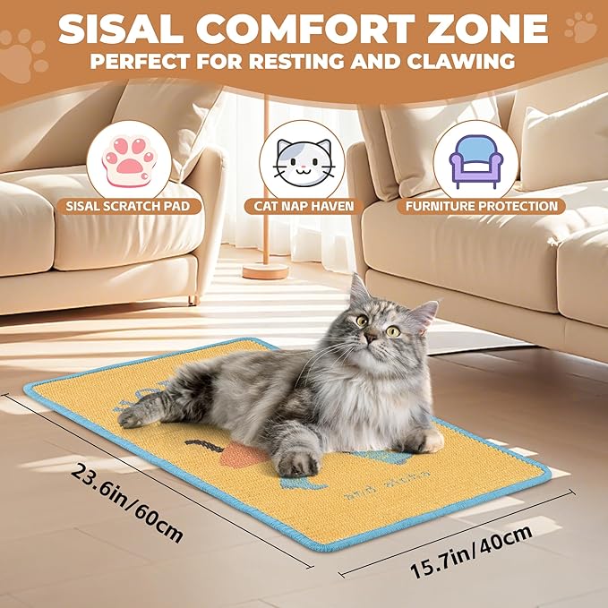 Sisal Cat Scratcher Mat, Cat Wall Scratcher for Indoor Cats, 23.6x15.7 Inch Cat Scratch Pad with Hook & Loop, Wall Mounted Cat Scratching Post to Protect Couch and Carpet（Surfer）