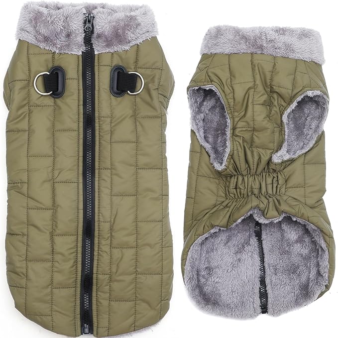 Warm Fleece Dog Coats with Durable Harness Buitl in D-Ring,Waterproof Doggie Jacket for Medium Dogs,Dog Vest for Cold Winter,Green XL