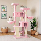 WEEWAY Cat Tree Tower for Indoor Cats,65'' Multi-Level Cat Furniture Activity Center,Stand House Condo Cave,Sisal Scratching Posts Ramps,Plush Perches Platforms Basket Hammock, Pink