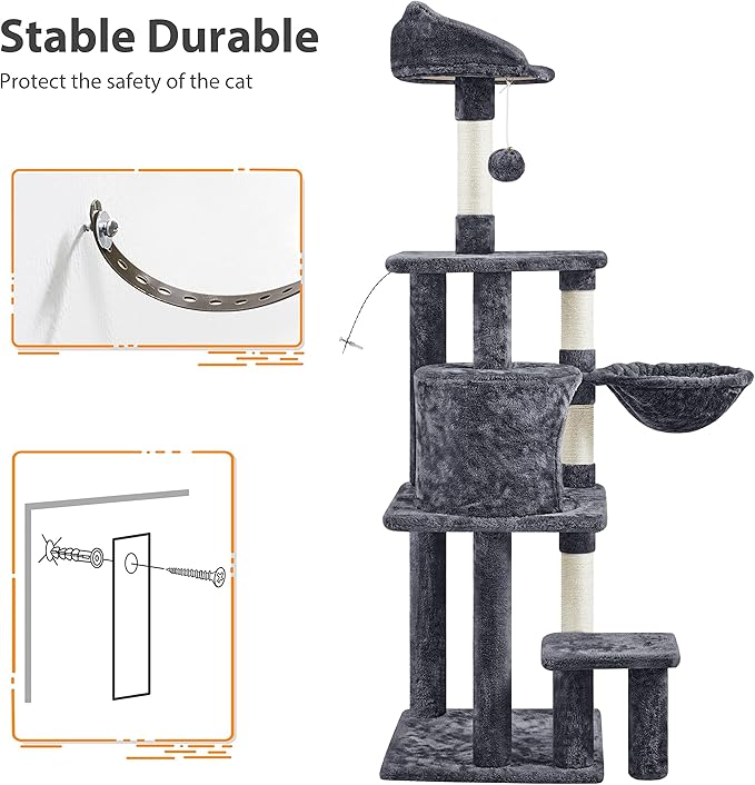 Topeakmart Cat Tree 57in, Multi Level Cat Tower with Basket & Condo & Scratching Post & Padded Perch & Extended Platform & Fur Ball