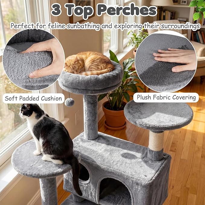 Tangkula Cat Tree Tower, 52 Inch Multi-Level Cat Tower with Sisal Scratching Posts, Cushioned Top Perch, Large Dual Condos & Ladder, 2 Hanging Balls, Jumping Platforms for Indoor Cats (Light Gray)