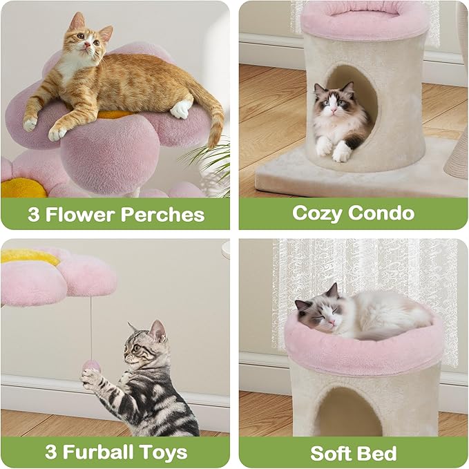 COZIWOW 57'' Modern Flower Cat Tree with Condo, Cute Luxury Cat Tree, Aesthetic Cat Tower Scratching Post with Large Condo, Cat Bed, Side Perch for Multiple Cats