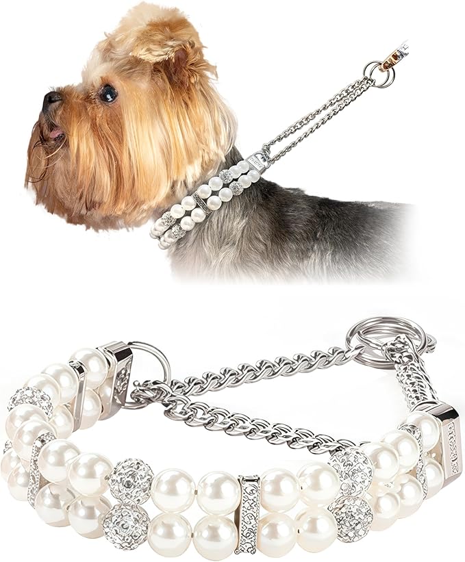 KUDES Luxury Martingale Collar for Small Dogs and Cats- No Pull Training Choke Chain Collar with Pearls & Crystals - Bling Dog Necklace Accessory for Pet Yorkie, Chihuahua, Pomeranian
