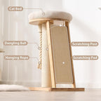 Modern Cat Tree Small Tower with Scratching Post for Indoor, Solid Wood Multifunctional Corner Cat Tree Tower with Bed, Dangling Ball,Interactive Rope, Scratching Board