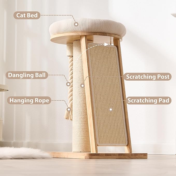 Modern Cat Tree Small Tower with Scratching Post for Indoor, Solid Wood Multifunctional Corner Cat Tree Tower with Bed, Dangling Ball,Interactive Rope, Scratching Board
