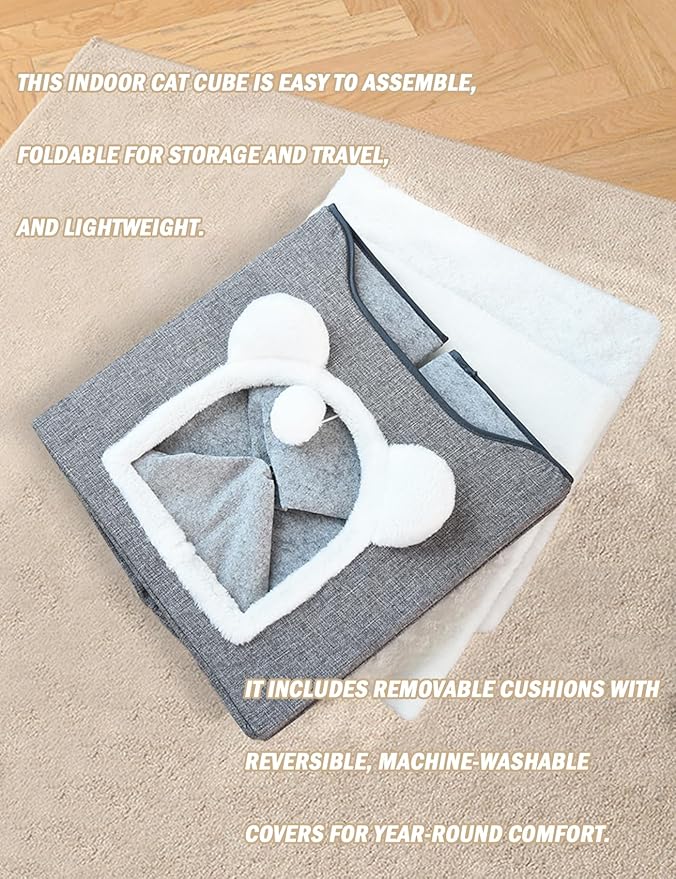 Cat Bed for Indoor Cats Foldable Cat Houses with Fluffy Ball and Scratch Pad Large Cat Cave Green Cat Hideaway