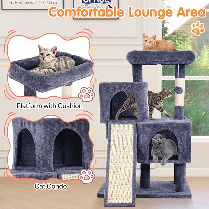 Cat Tree 36-Inch Cat Tower with Scratching Post Multi-Level Cats Condo with Ramp,Large Perch,Dangling Ball,Pet Play Tower for Kittens & Adult Cats(Dark Grey)