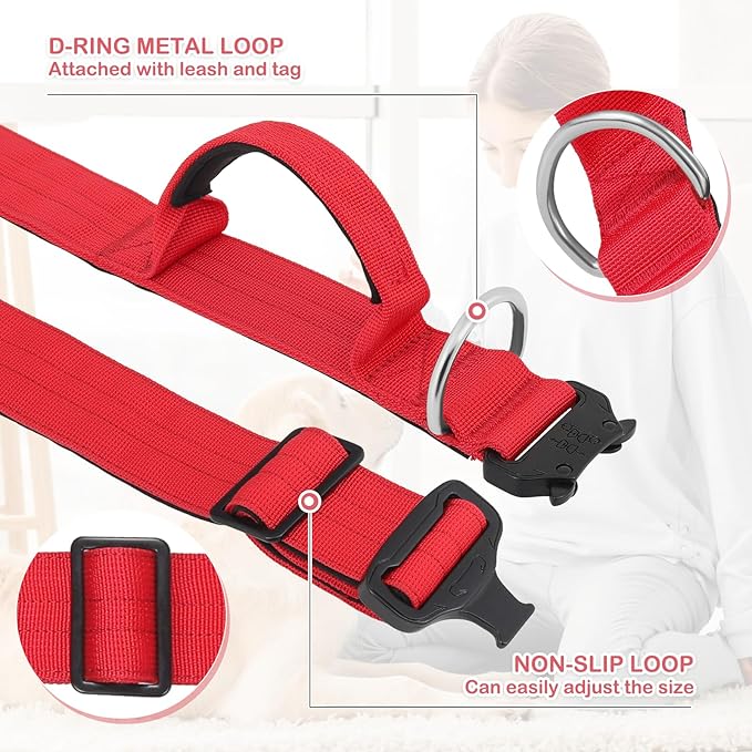 MoNiBloom Tactical Dog Collar with Handle, 1.5 Inch Wide Heavy Duty Military Collar for Medium Large Dog Walking, Training, Running, Red