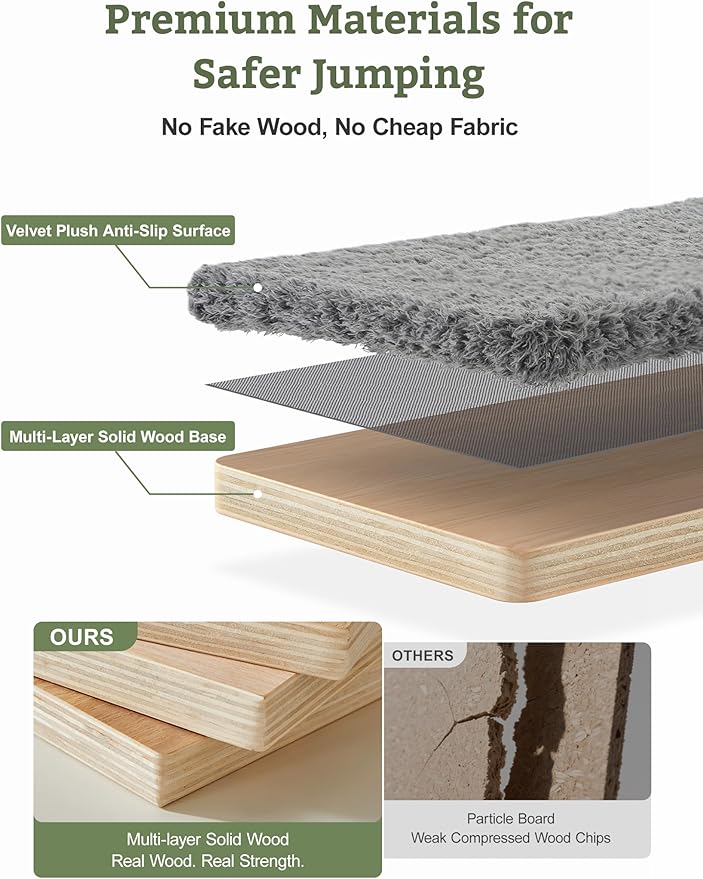 5-in-1 Cat Wall Shelves, Solid Wood & Velvet & Sisal Scratcher, 44lbs Max Load, Wall Mounted Cat Furniture for Climbers, Cat Climbing Wall System, Fits Drywall & Solid Walls - Light Gray