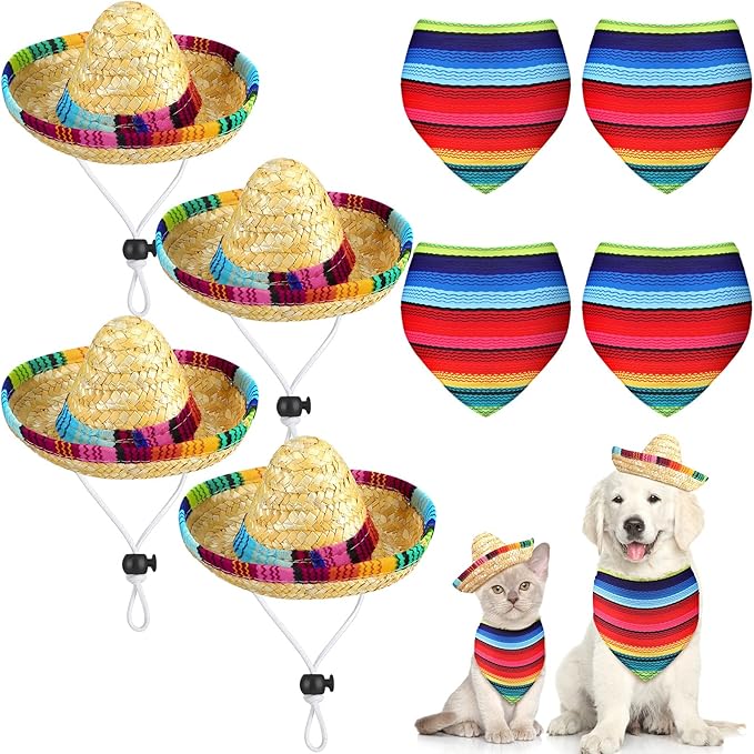 8 Pcs Mexican Dog Costume Sombrero Mexican Hats Dog Sombrero Hats and Colorful Stripe Dog Bandana Pet Triangle Bib Pet Scarf for Fiesta Cinco de Mayo Pets Accessories