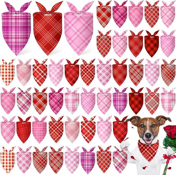 Abbylike 50 Pcs Valentines Day Plaid Dog Bandanas Bulk Pink Red Bandanas for Dogs Triangle Kerchief Bibs Scarf for Pet Romantic Costume Photo Props Accessories Pet Shops Groomers (25.6 x 17.7 x 17.7)