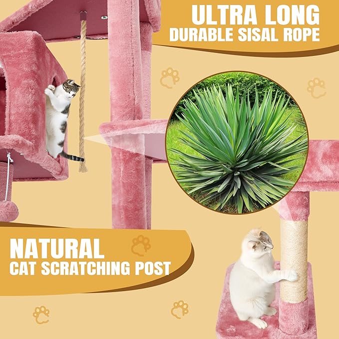 58" Cat Tree Large Cat Tower Condo w/Multi-Level Scratching Post for All Indoor Cats (Pink)