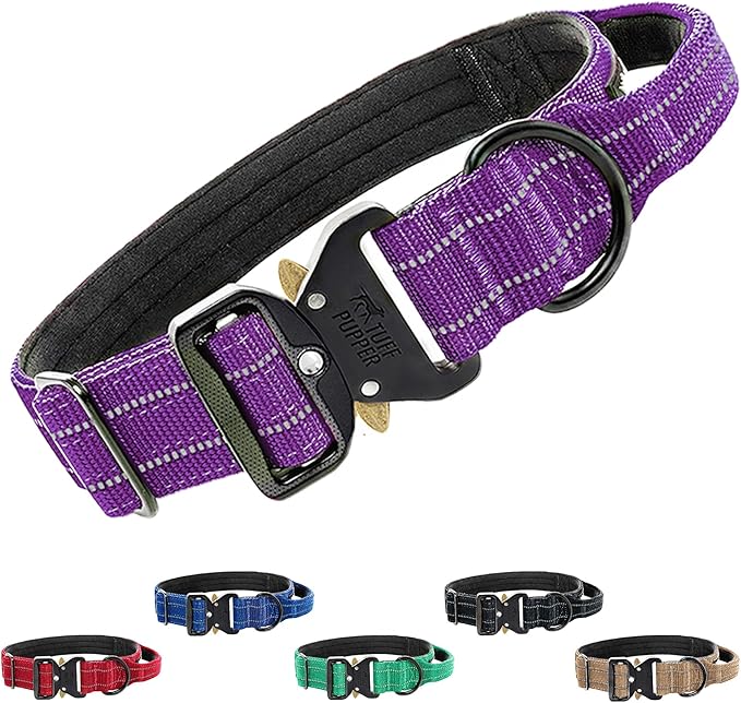 Tuff Pupper Tactical Dog Collar with Handle | Heavy Duty Adjustable Dog Collar | Military Nylon Collar for Large Dogs | Quick-Release Buckle | Soft Padded Comfort | Training Control (Purple, Large)