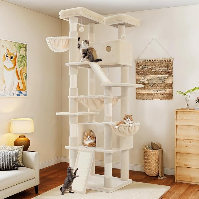 WEEWAY Cat Tree Tower for Indoor Cats,81'' Multi-Level Cat Furniture Activity Center,Stand House Condo Cave,Sisal Scratching Posts Ramps,Plush Perches Platforms Basket Hammock,Beige