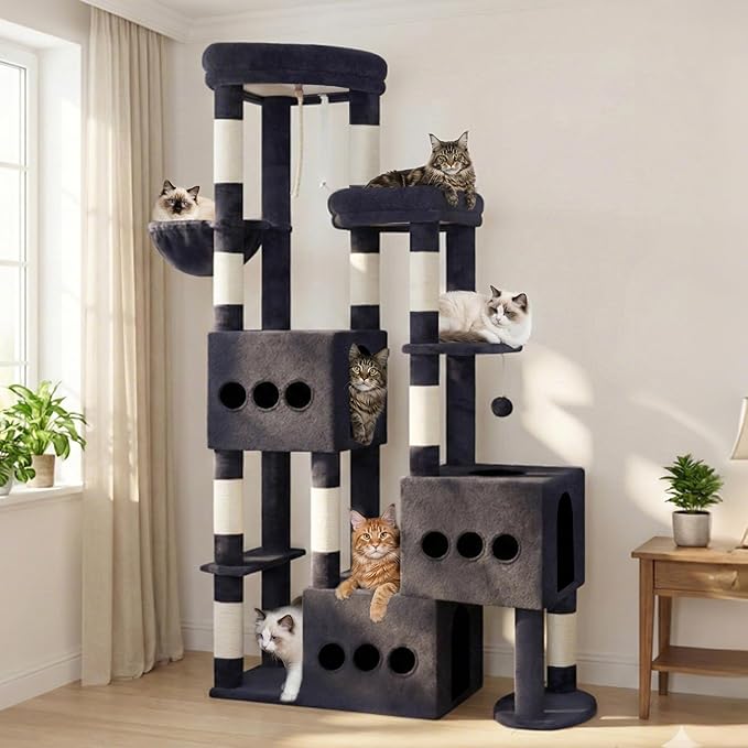 Cat Tree for Large Adult, 71.7'' Tall Cat Tower for Indoor Cats, Sturdy Heavy Duty Cat Tree Tower for 20 lbs+Cats, 3 Big Cat Condos, 10 Scratching Posts, 3 Platforms, Drak Gray GCT036G