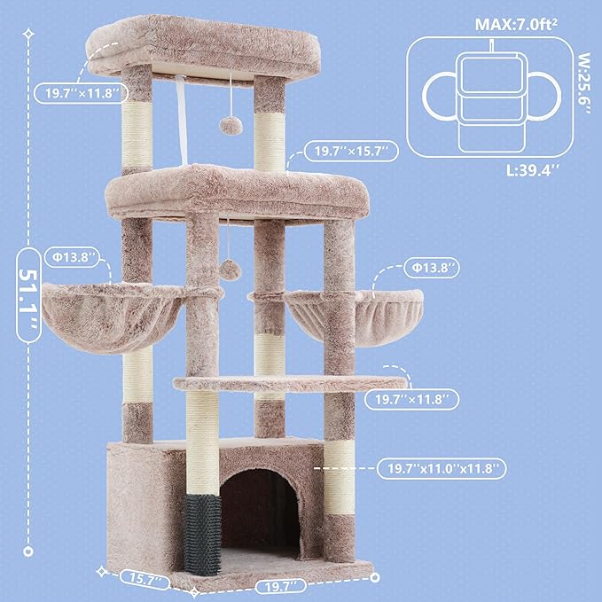 Hey-brother Cat Tree Tower, Scratching Posts with Extra Large Platform, Specious Condo, 2 Cozy Hammocks, Self-Grooming Brush for Indoor Adult Cats, Maine Coon 51.1 inches, Muchroom MPJ070MU