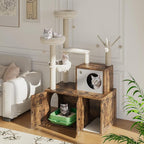 Multi-Level Cat Tree for Indoor Cats, Cat Tower with Hidden Litter Box Cabinet, Condo with Sisal Scratching Posts, Plush Perches, Hammock, and Hanging Toys, Brown