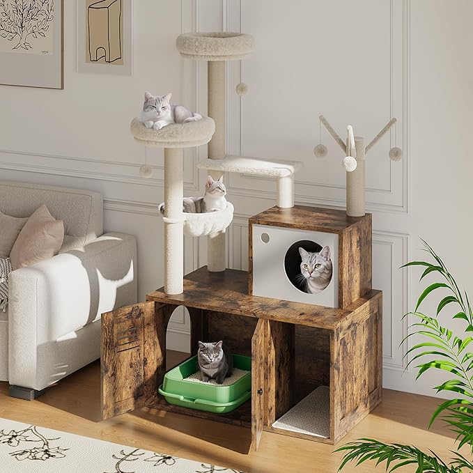 Multi-Level Cat Tree Tower with Cat Scratching Posts,Litter Box Enclosure, Cat Houses & Condos,Hanging Cat Toys,Washable Removable Cushion for Kittens & Adult Cat, Easy to Assemble,