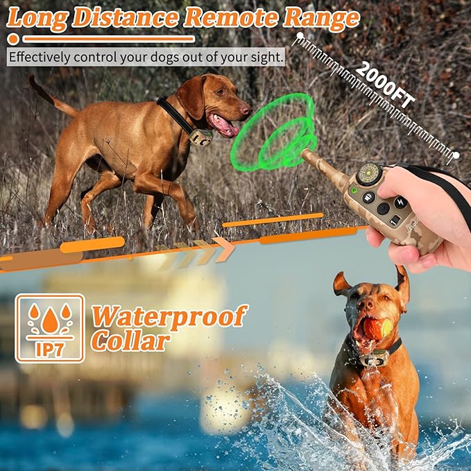 Electric Shock Collar - Dog Training Collar with Remote 2000ft, Waterproof Dog Shock Collar for Medium Large Dogs with Strong Vibration&Beep, Rechargeable E Collar with 2 Collar Straps (Desert Camo)