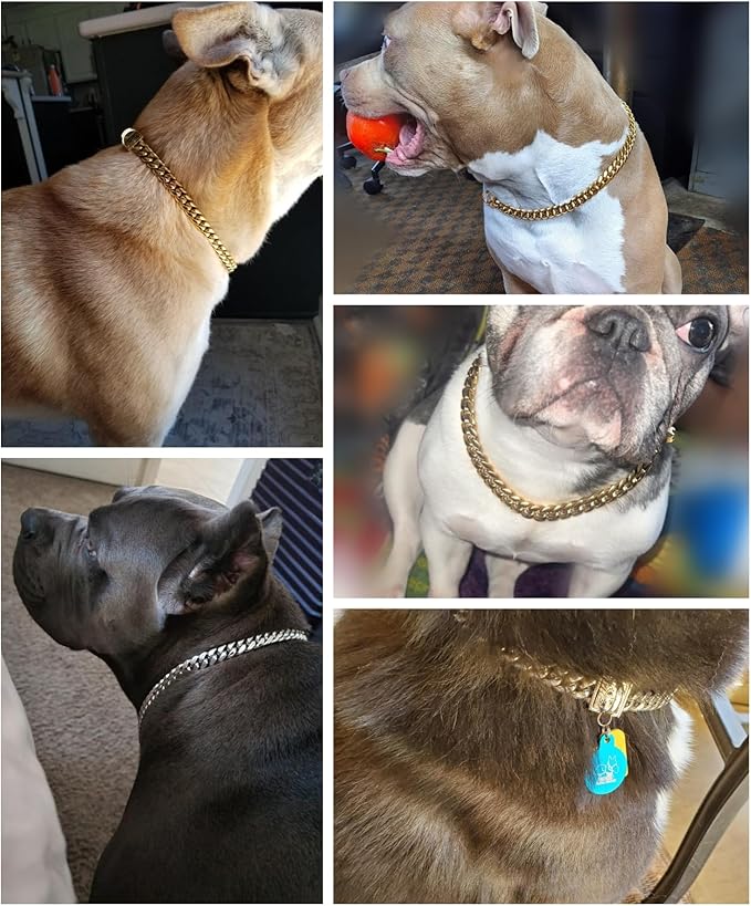 Heavy Duty Cuban Link Chain Dog Collars 15MM Gold/Silver Stainless Steel Metal Walking Training Collars with Cute Secure Design Buckle, Chew Proof, for Large Medium Small Dogs (Silver, 24'')