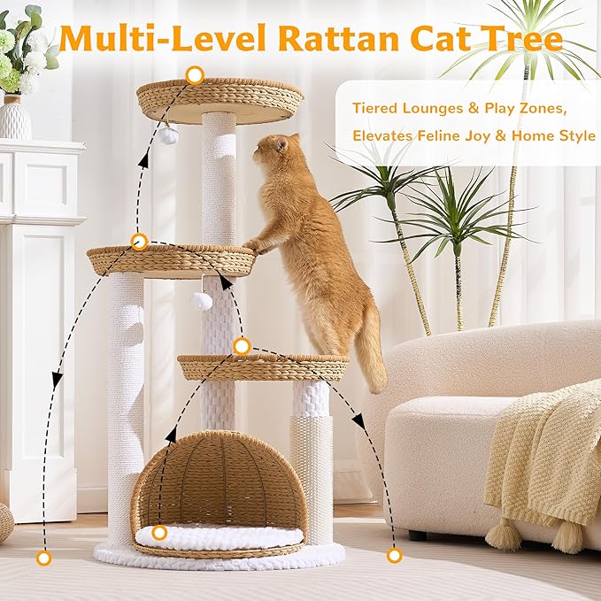 Modern Cat Tree Tower for Large Cat with Scratching Post for Indoor, 46 inch Multi-Level Cat Tower with Handwoven Beds, Cat Cave, Dangling Balls