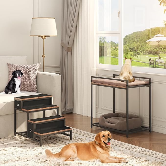 Pet Bunk Bed with Removable Stairs and 2 Drawers, Dogs/Cats Window Perch, Dog Window Seat with Soft Cushion, Ultra-Shallow Steps, Sturdy Metal Frame, Non-Slip, Load Capacity 60 LBS