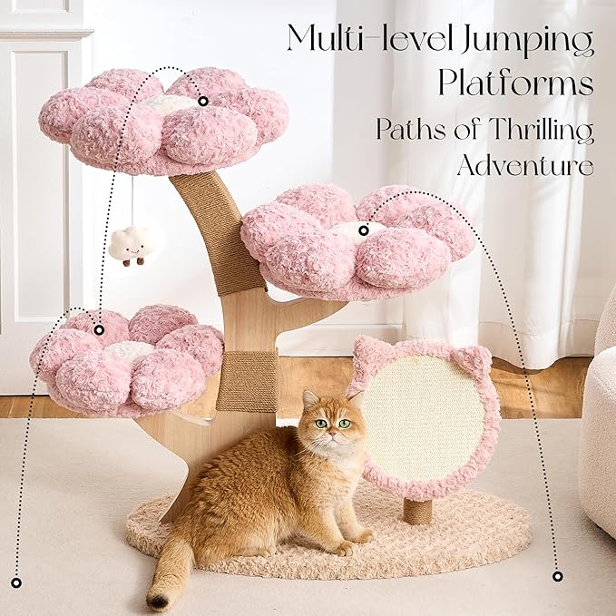 797Audio Flower Cat Tree, 37" Wood Branch Cat Tower, Pink Cloud Cat Tree with Scratching Post for Indoor Adult Cats, Luxury Cat Tree with Cat Scratch Pad & Interactive Squeaky Hanging Toy