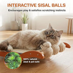 3-in-1 Extra-Large Cat Scratcher Bed with 3 Interactive Sisal Balls, Solid Wood Scratching Post Lounge with Toy, Sturdy Hammock for Large Cats to Sleep, Scratch & Play