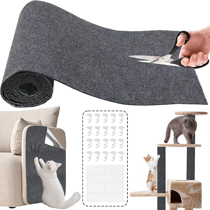 78.7"x15.8" Self-Adhesive cat Scratch pad - Trimmable Furniture Protector for Couch, Walls & Cat Trees | DIY Climbing Scratcher Pad with Twist Pins & Double-Sided Adhesives (Dark Grey)