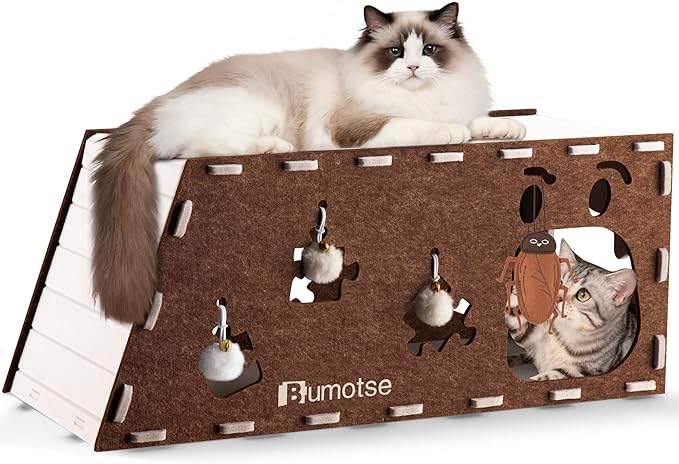 Felt Cat Cave House for Indoor Cats with Catnip Toy, Large Cat Bed Tunnel for Scratching Play, No-Tool Assemble Warm Silent Cat House for Large Cats Up to 22lb, Durable and Washable, Coffee