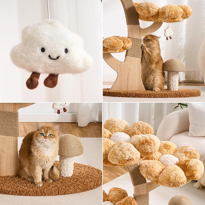 Modern Cat Tree Tower for Indoor Cats Large Adult, 37 inch Flower Cat Tree with Scratching Post, Luxury Aesthetic Cat Tree with Cloud-Soft Flower Perches and Physical Mouse-Sound Hanging Toy